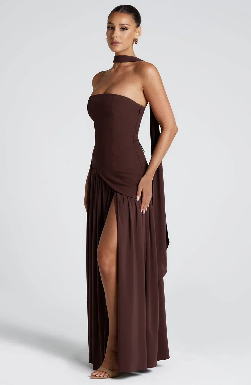 Marlowe Maxi Dress in Strapless Cut with Draped Skirt