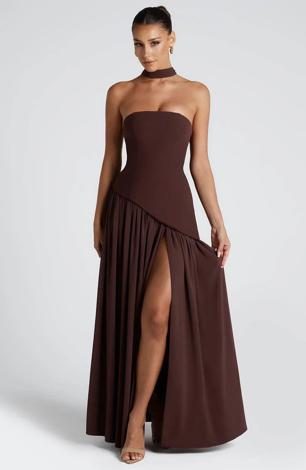 Marlowe Maxi Dress in Strapless Cut with Draped Skirt