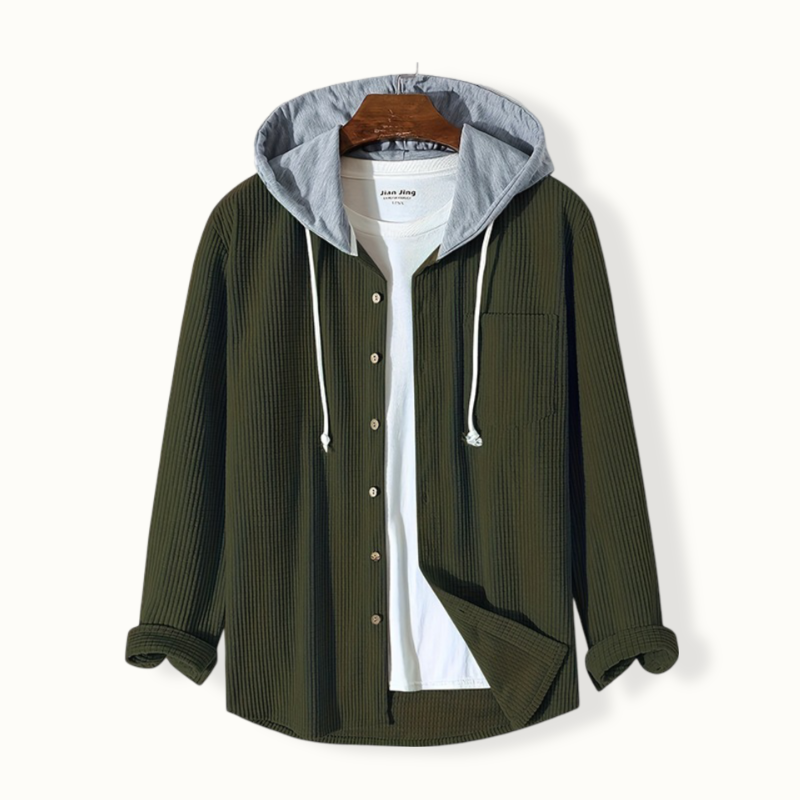 Mia Corduroy Hooded Shirt with Button Front for Women - Olive Green
