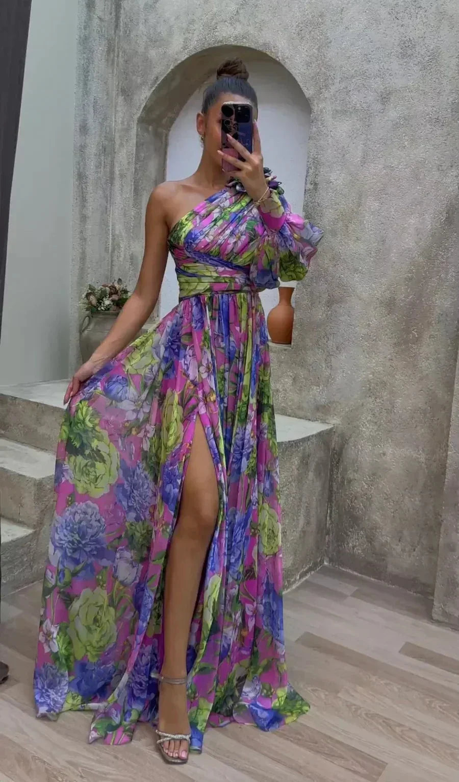 Mireille Floral Maxi Dress with One-Shoulder Cut - Purple