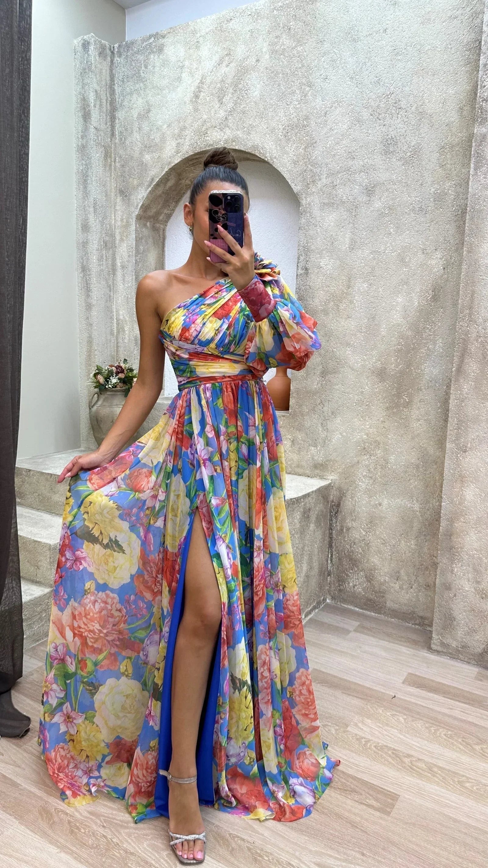 Mireille Floral Maxi Dress with One-Shoulder Cut - Rainbow