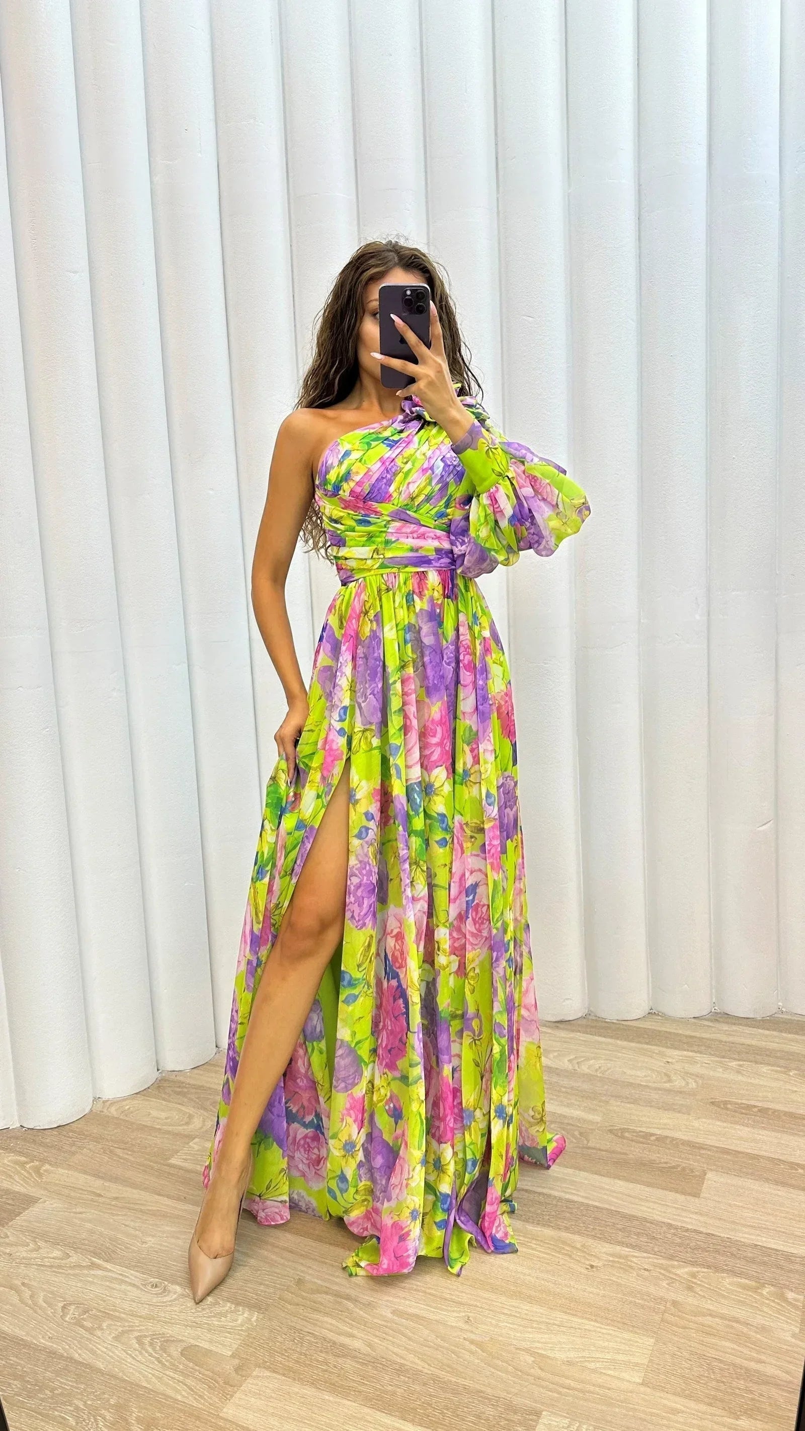 Mireille Floral Maxi Dress with One-Shoulder Cut - Yellow