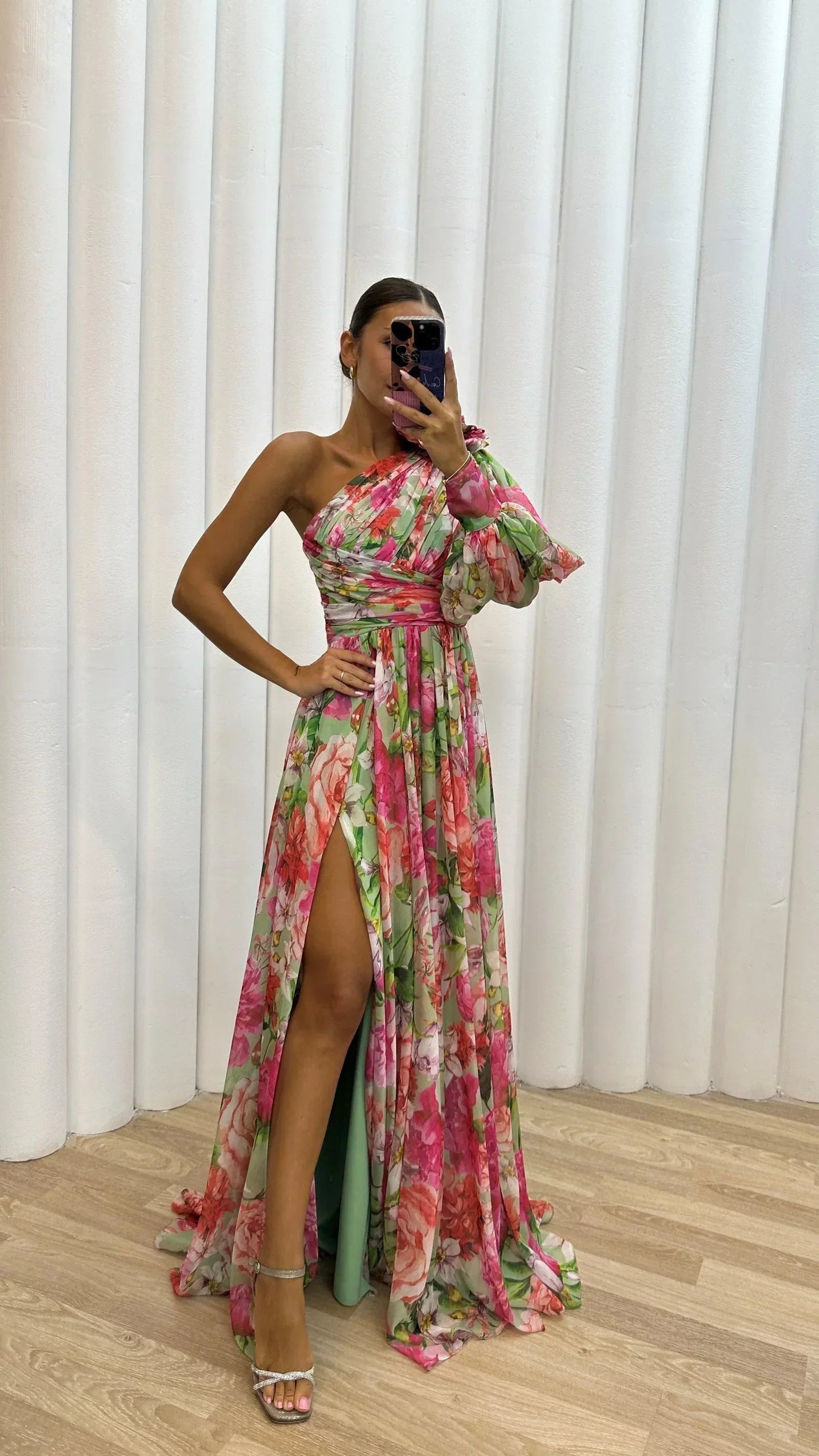 Mireille Floral Maxi Dress with One-Shoulder Cut - Pink