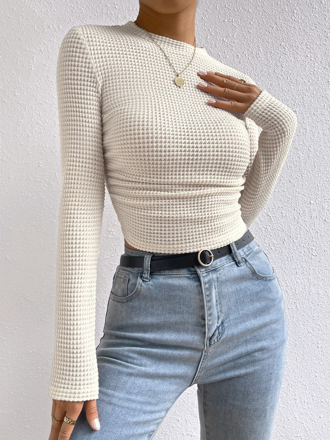Monica Waffle-Knit Top with Crew Neckline for Women