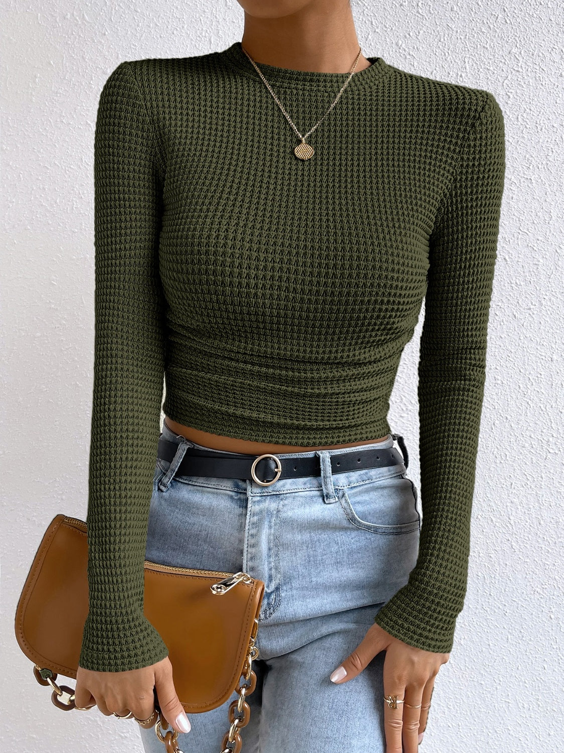 Monica Waffle-Knit Top with Crew Neckline for Women