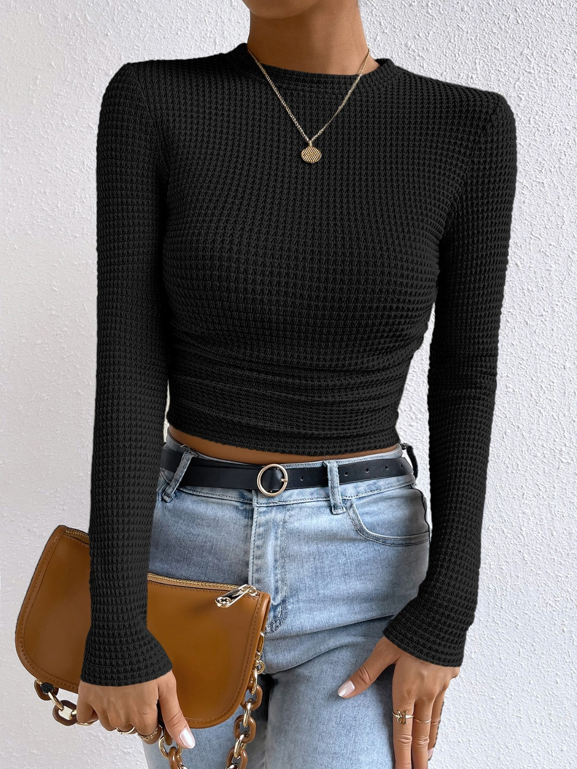 Monica Waffle-Knit Top with Crew Neckline for Women