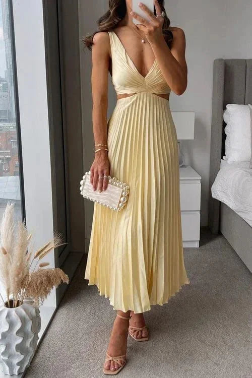 Noelle Pleated Maxi Dress with Deep V-Neckline - Yellow