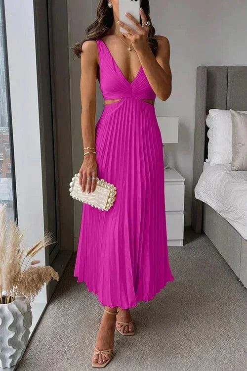 Noelle Pleated Maxi Dress with Deep V-Neckline - Pink