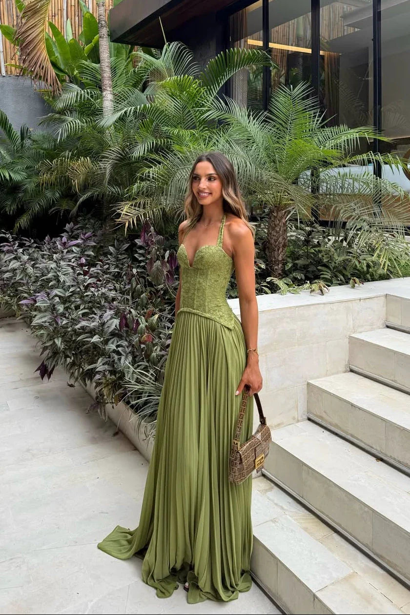 Odette Pleated Maxi Dress with Knit Bodice in Green - Green