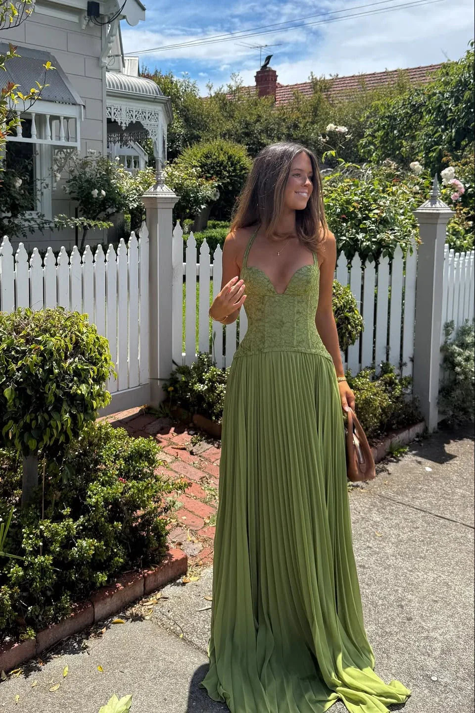 Odette Pleated Maxi Dress with Knit Bodice in Green