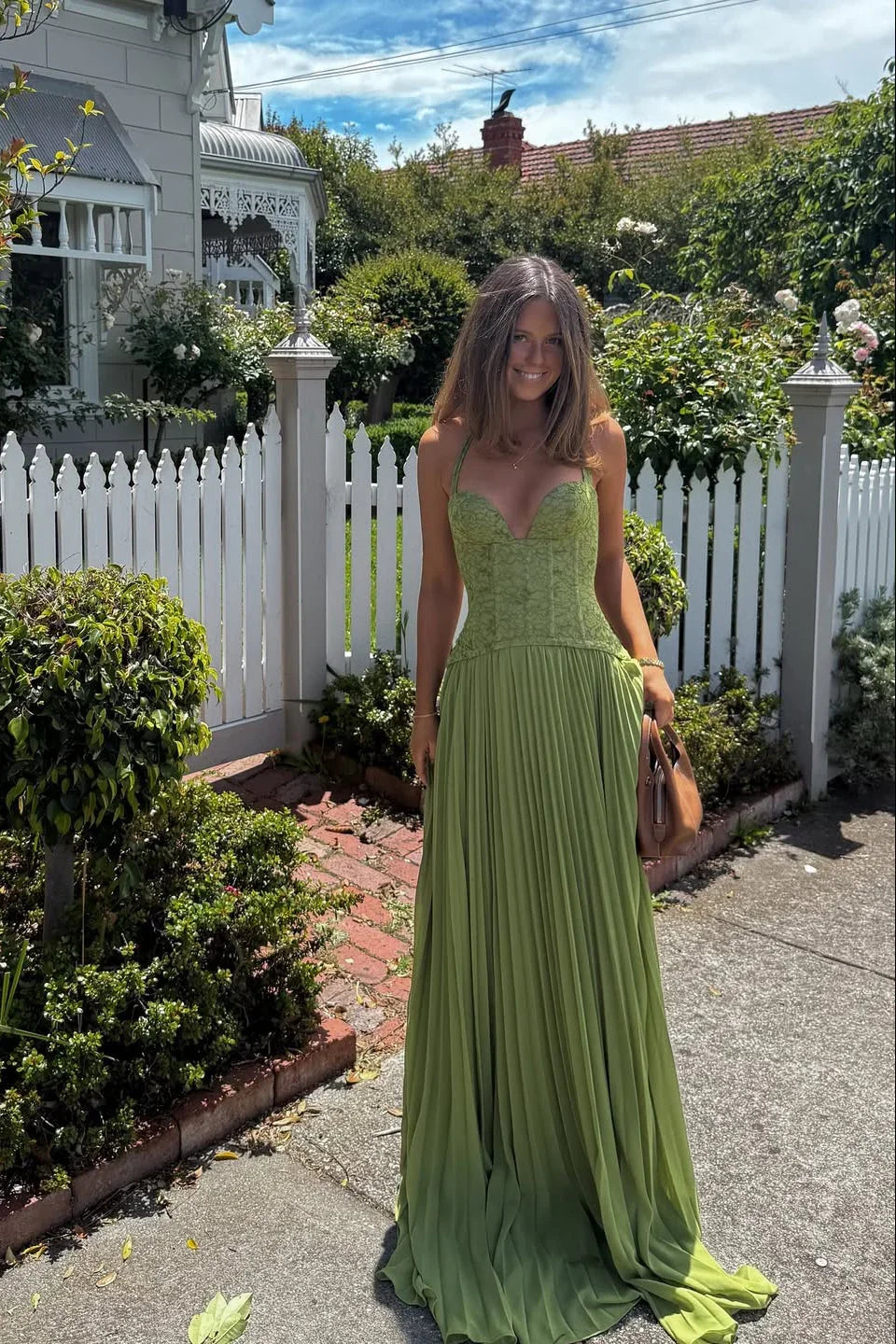 Odette Pleated Maxi Dress with Knit Bodice in Green
