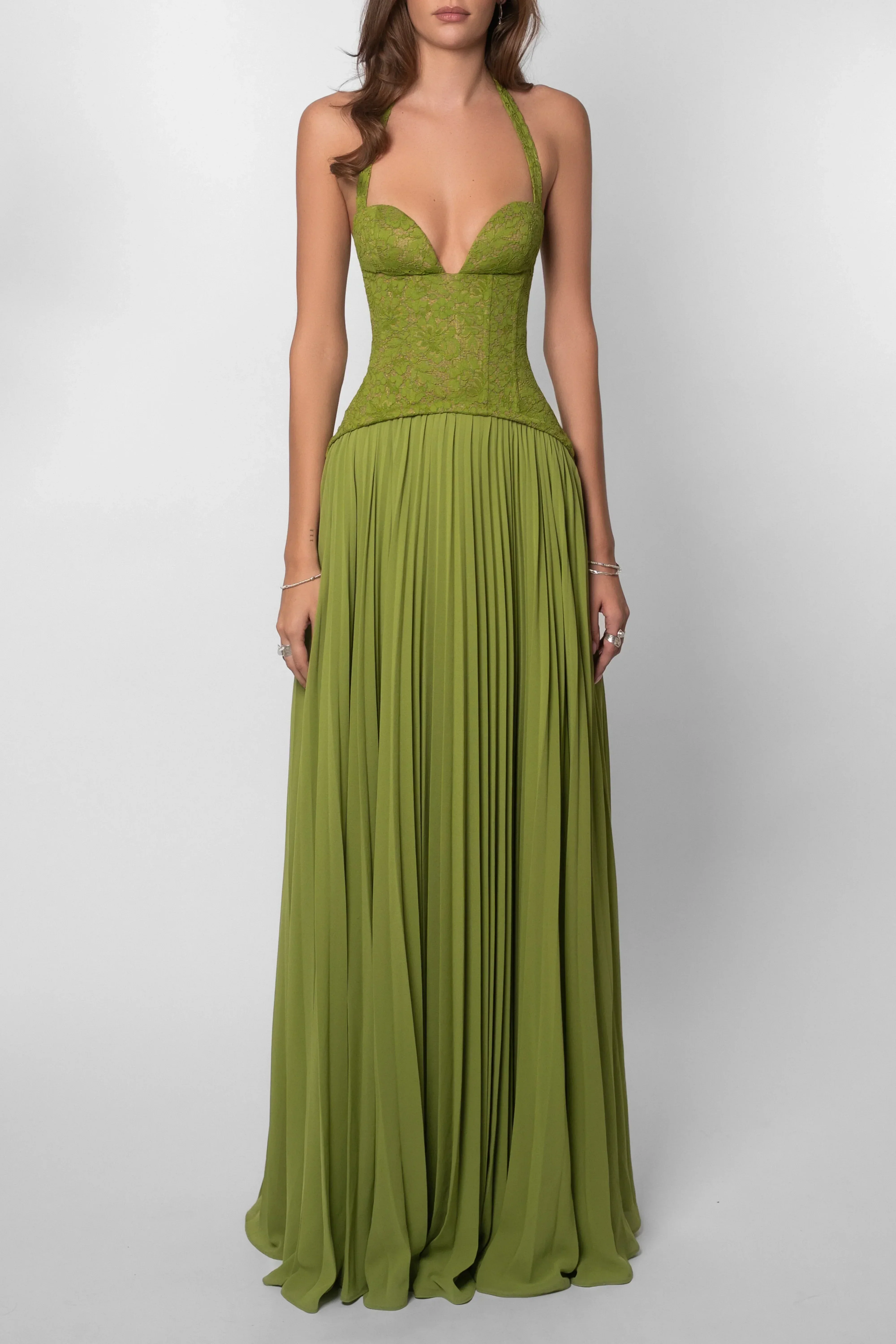 Odette Pleated Maxi Dress with Knit Bodice in Green