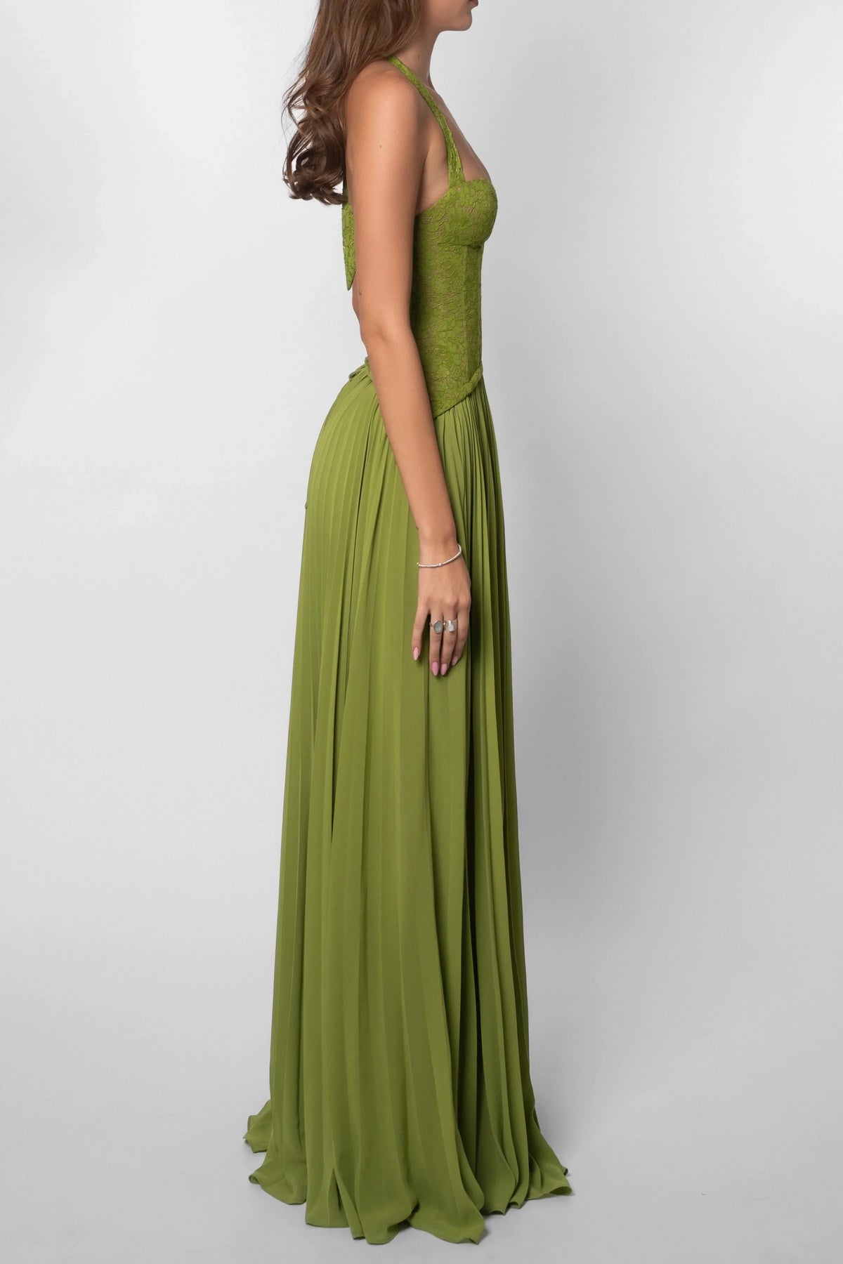 Odette Pleated Maxi Dress with Knit Bodice in Green