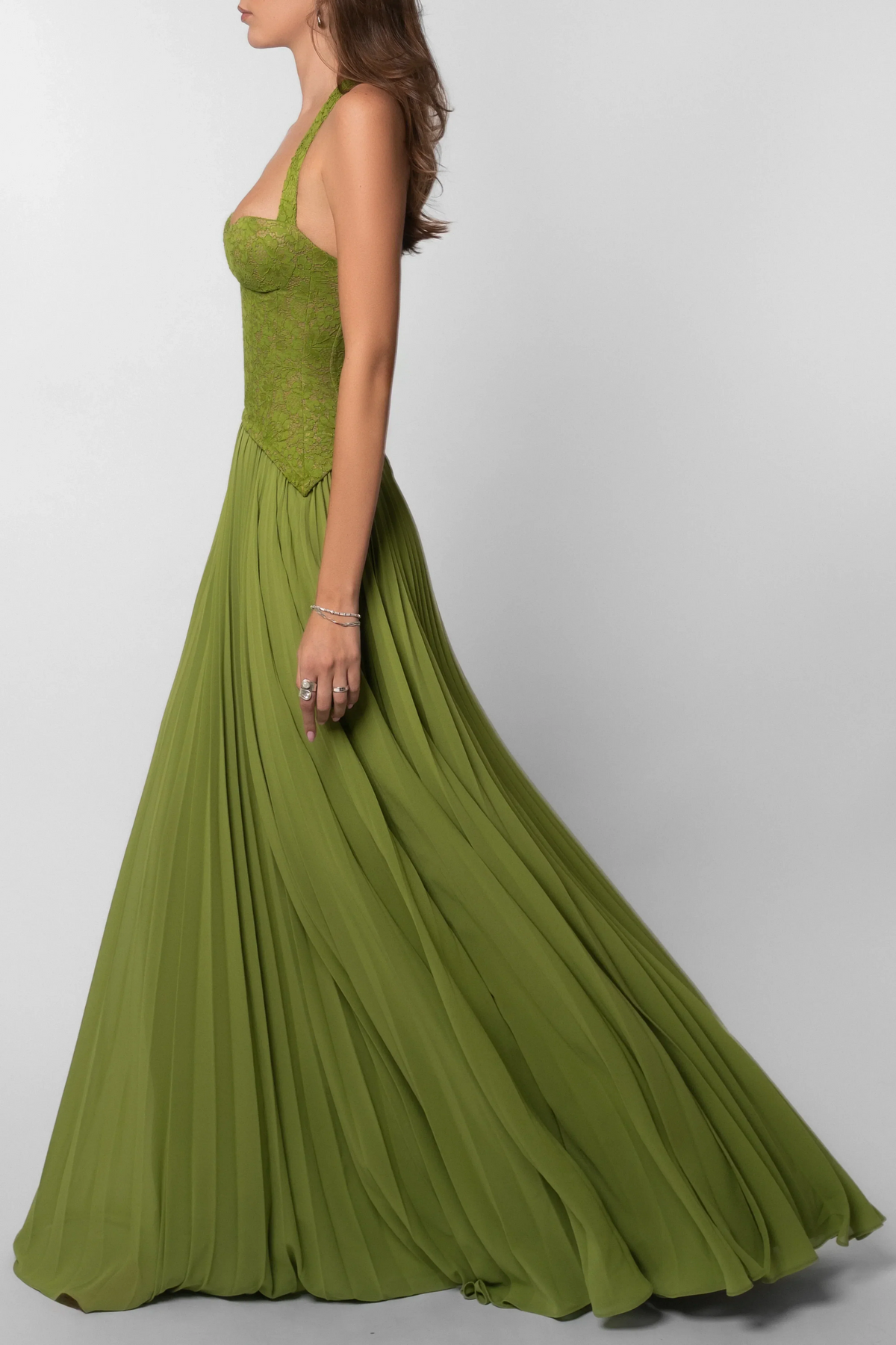 Odette Pleated Maxi Dress with Knit Bodice in Green