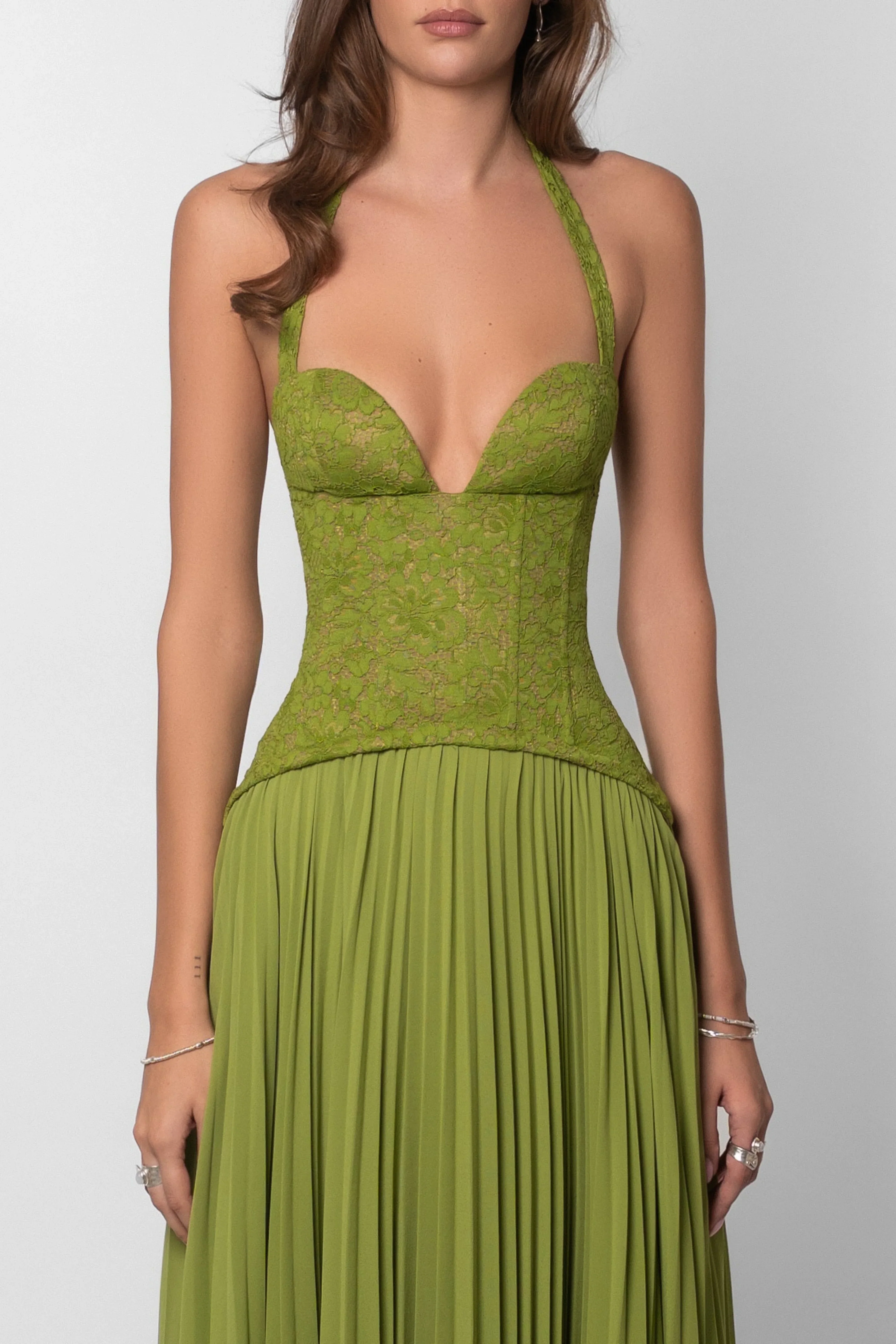 Odette Pleated Maxi Dress with Knit Bodice in Green