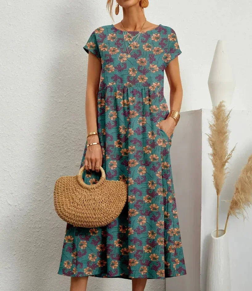 Ophelia Floral Midi Dress with Short Sleeves and Pockets - Blue