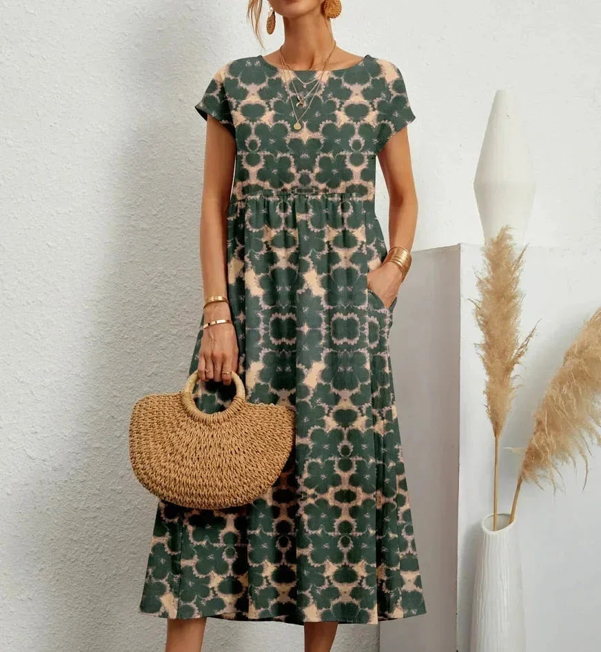 Ophelia Floral Midi Dress with Short Sleeves and Pockets - Green