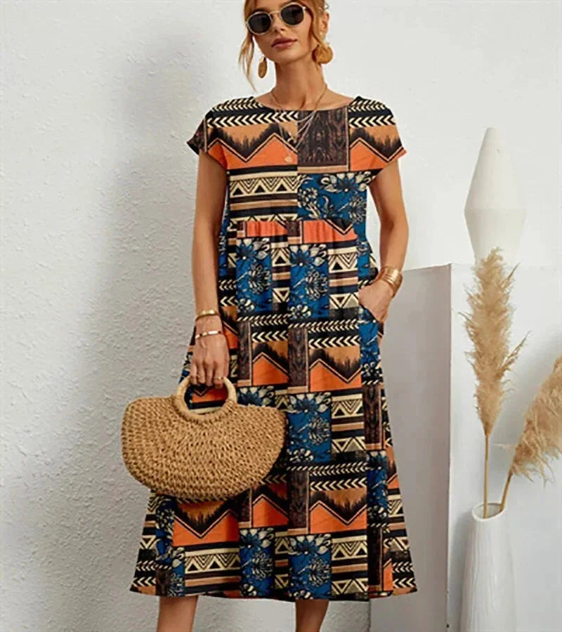 Ophelia Floral Midi Dress with Short Sleeves and Pockets - Orange
