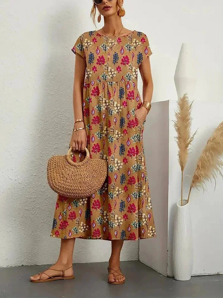 Ophelia Floral Midi Dress with Short Sleeves and Pockets