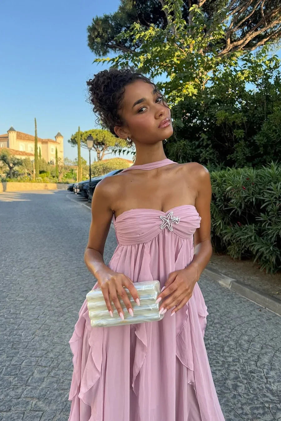 Ottilie Tiered Ruffle Maxi Dress in Strapless Cut - Pink