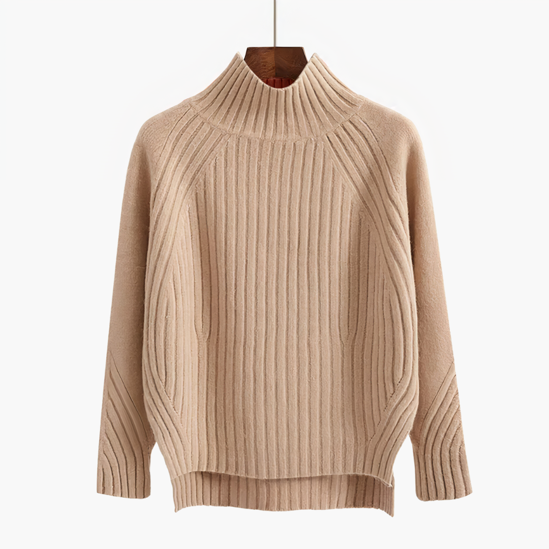 Phoebe Ribbed Sweater with Funnel Neck for Women - Beige