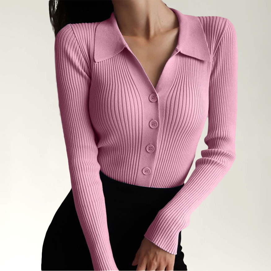 Piper Ribbed Knit Top with Polo Collar and Buttons - Pink