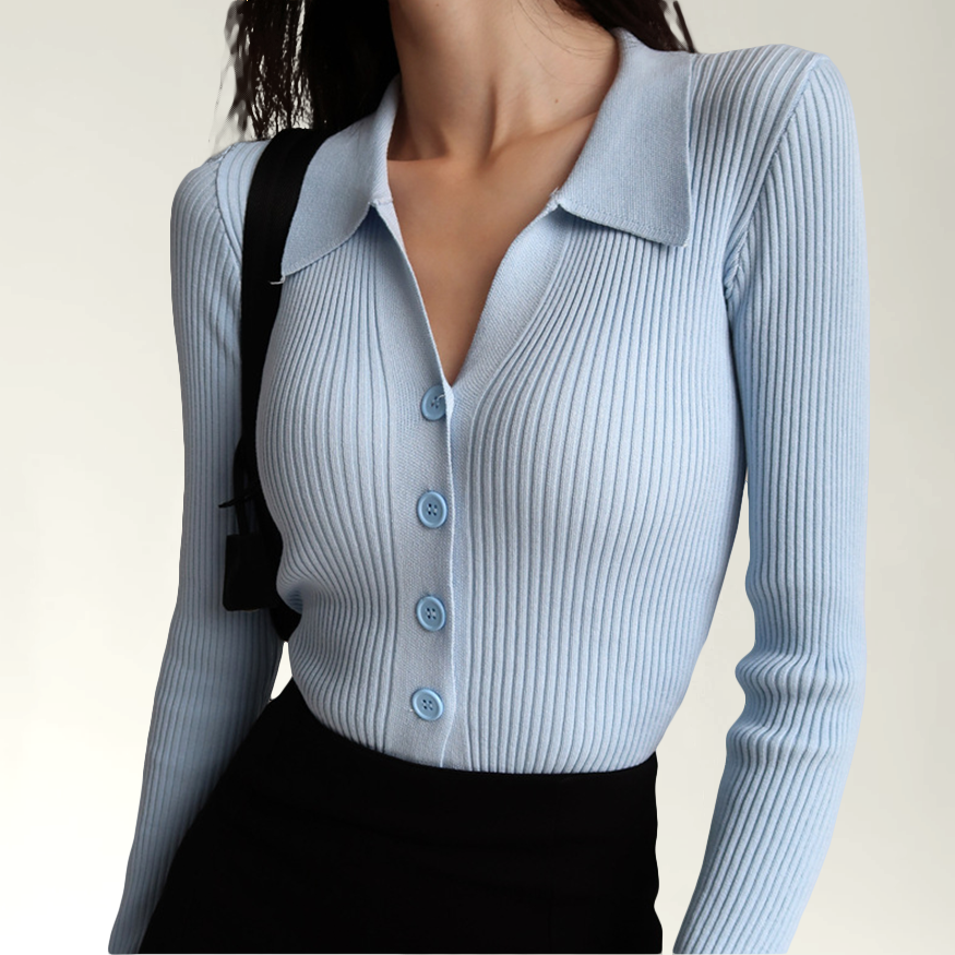 Piper Ribbed Knit Top with Polo Collar and Buttons