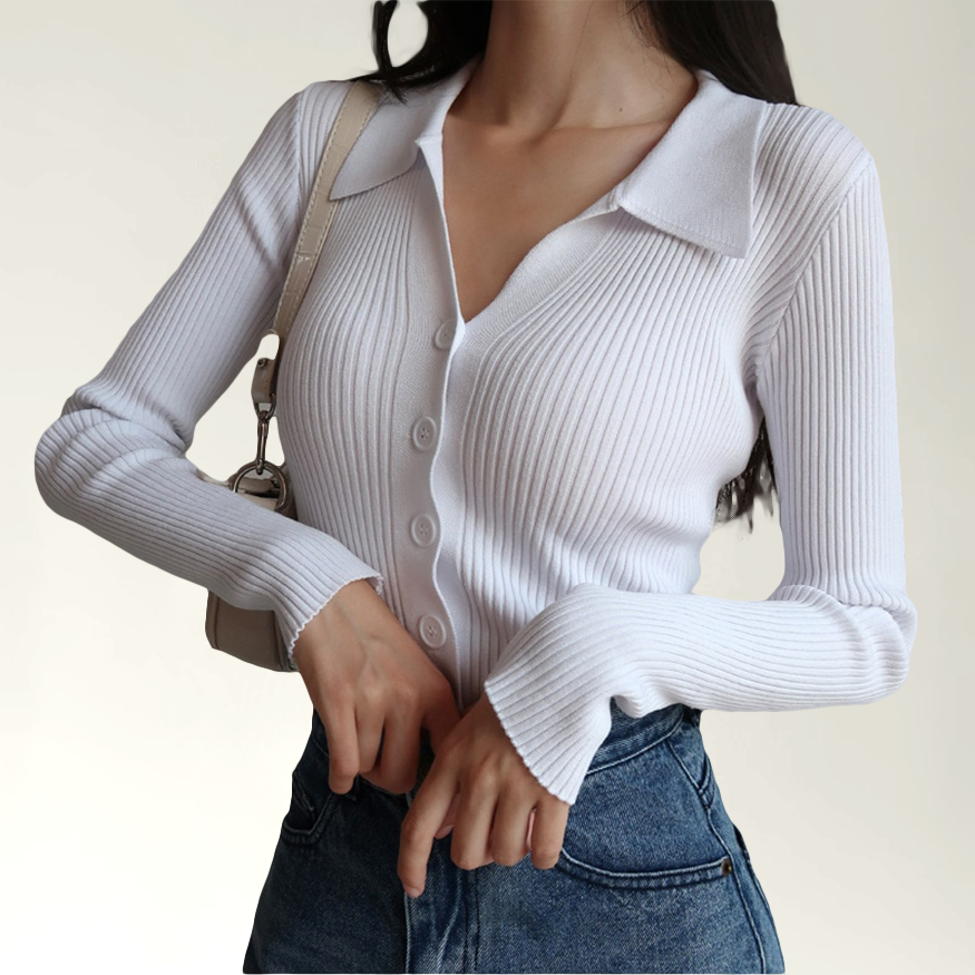 Piper Ribbed Knit Top with Polo Collar and Buttons - White