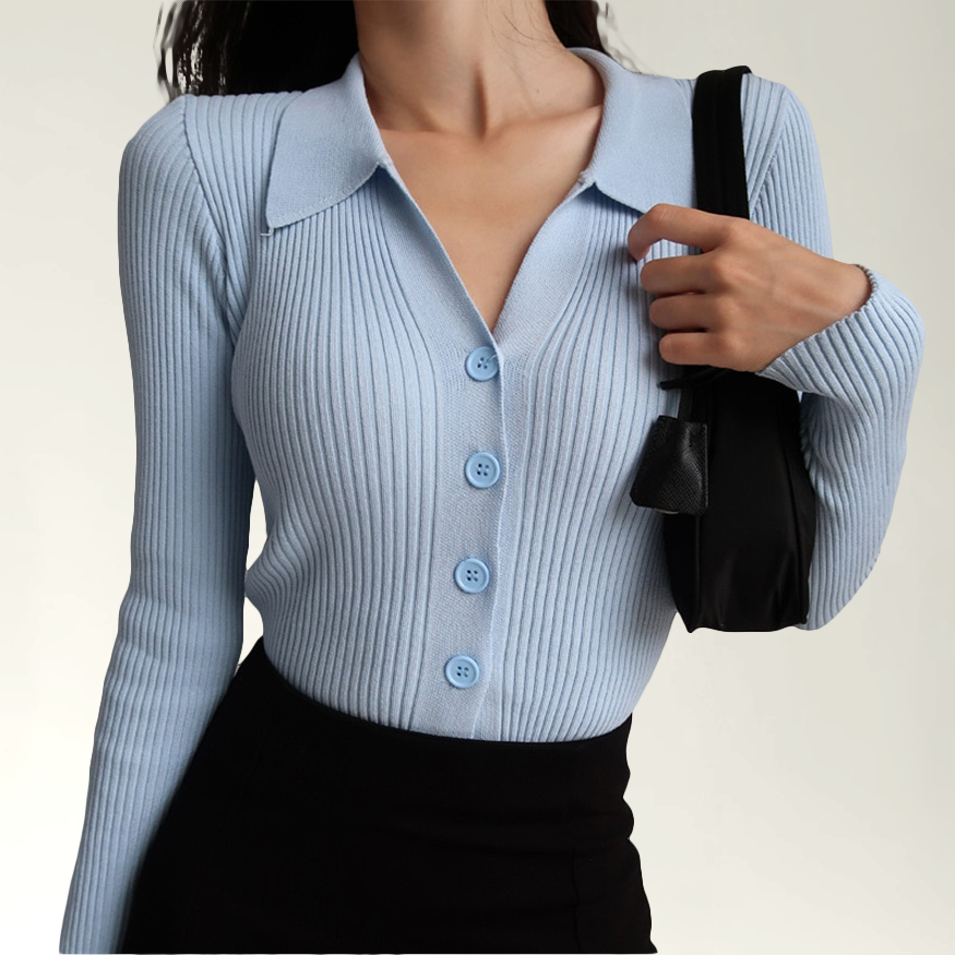 Piper Ribbed Knit Top with Polo Collar and Buttons - Blue