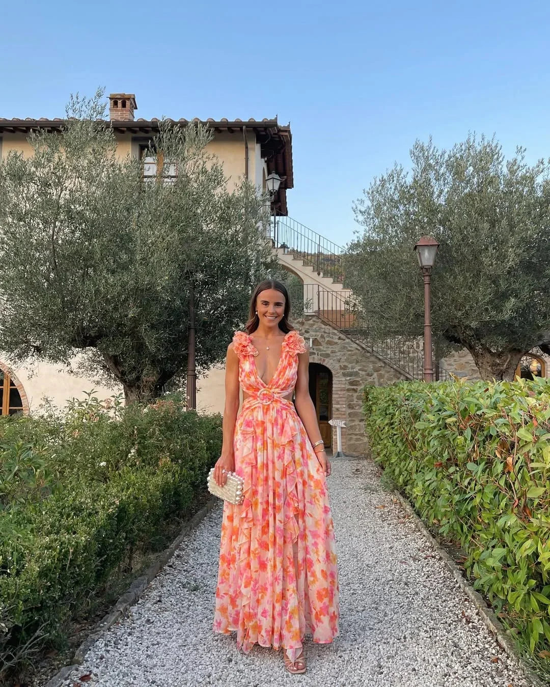 Rosalind Floral Maxi Dress with Ruffle Straps - Orange
