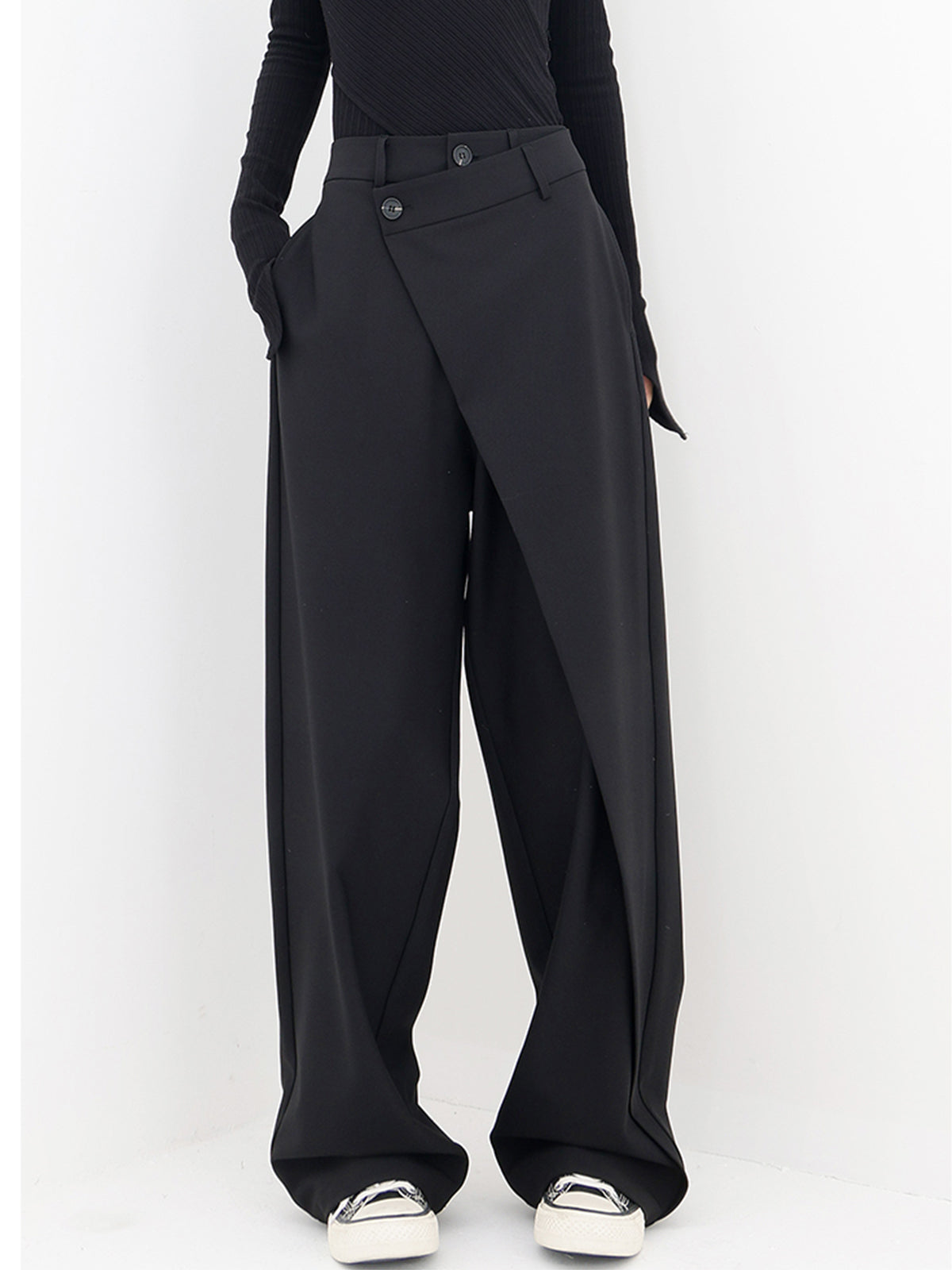 Salome Wide-Leg Pants with Fold-Over Waistband - Black