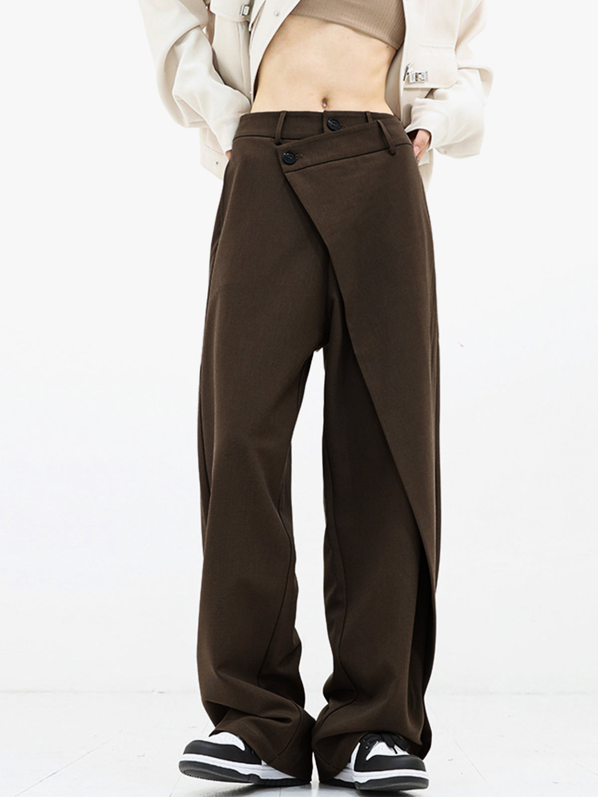 Salome Wide-Leg Pants with Fold-Over Waistband - Dark Brown