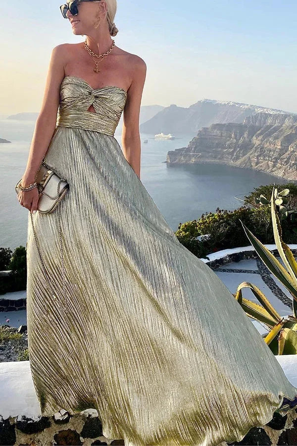 Seraphine Shimmer Pleated Maxi Dress in Bustier Cut