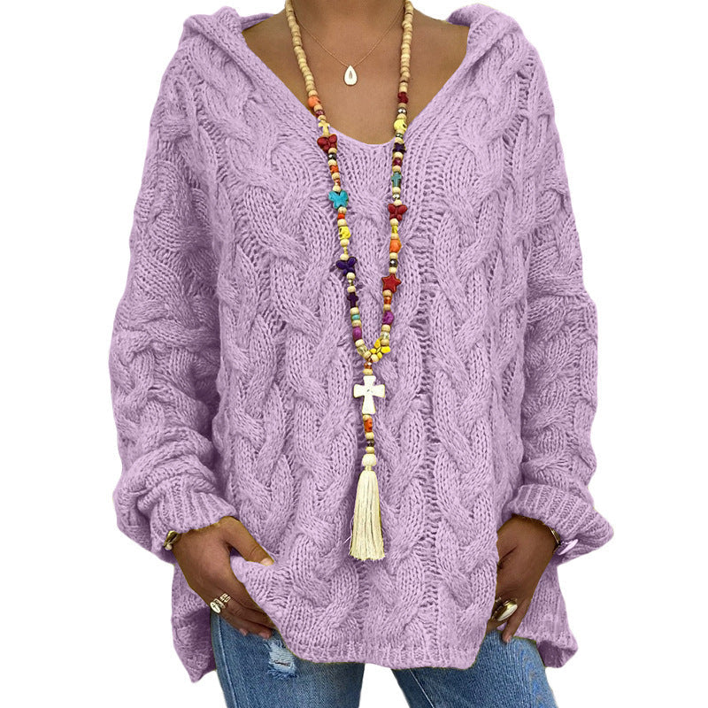 Solvej Cable-Knit Sweater with Deep V-Neckline - Purple