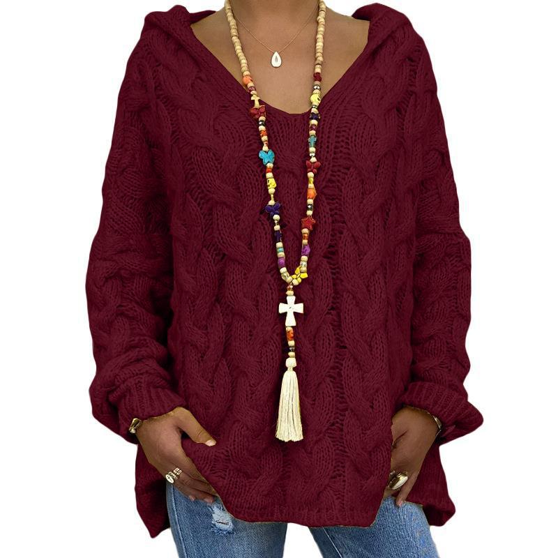 Solvej Cable-Knit Sweater with Deep V-Neckline - Bordeaux Red
