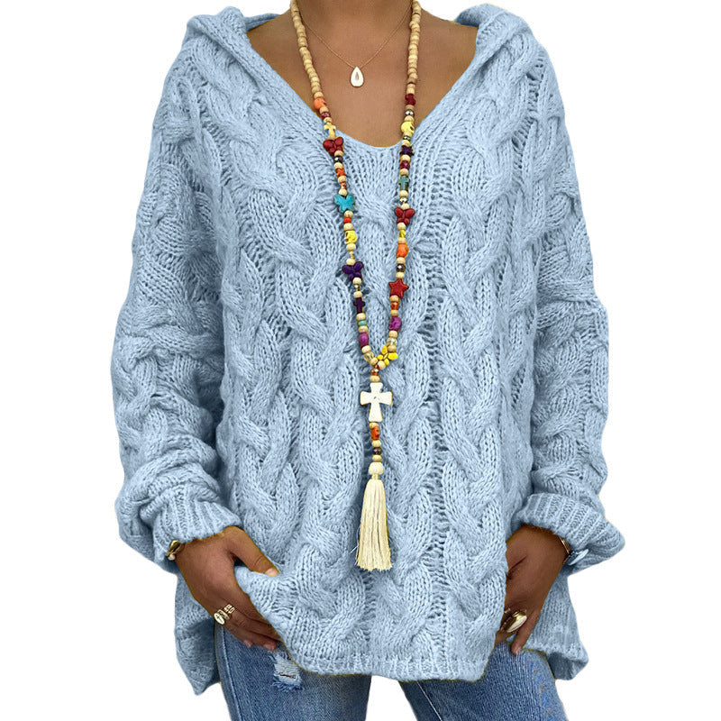 Solvej Cable-Knit Sweater with Deep V-Neckline - Light Blue