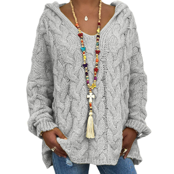 Solvej Cable-Knit Sweater with Deep V-Neckline - Gray