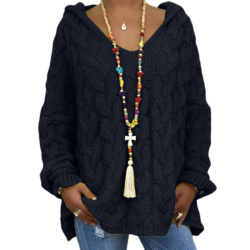 Solvej Cable-Knit Sweater with Deep V-Neckline - Black