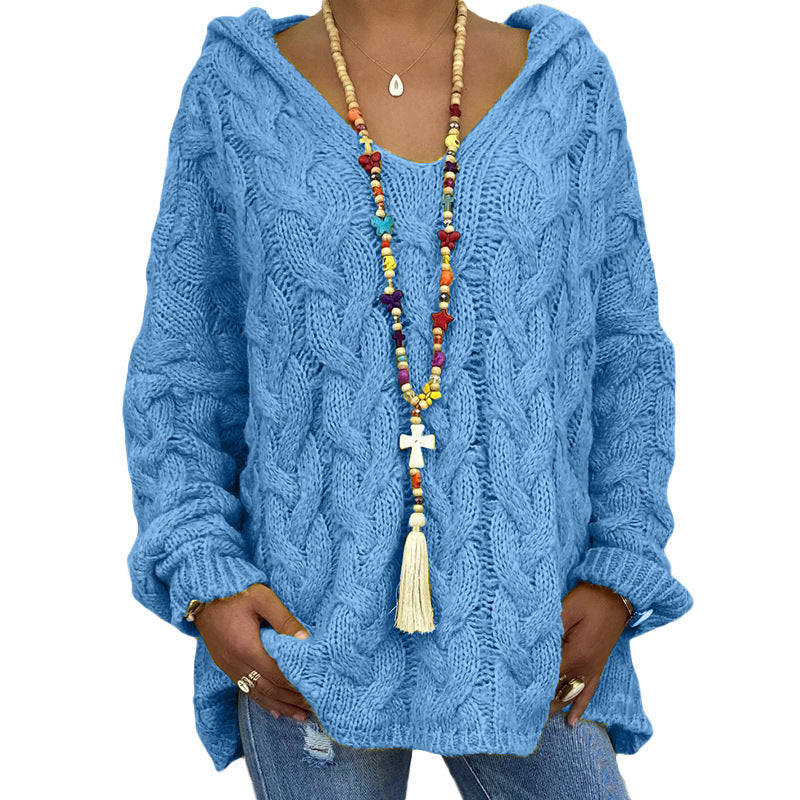 Solvej Cable-Knit Sweater with Deep V-Neckline - Blue