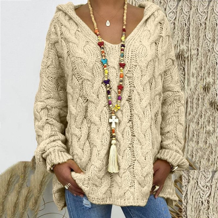 Solvej Cable-Knit Sweater with Deep V-Neckline - Apricot
