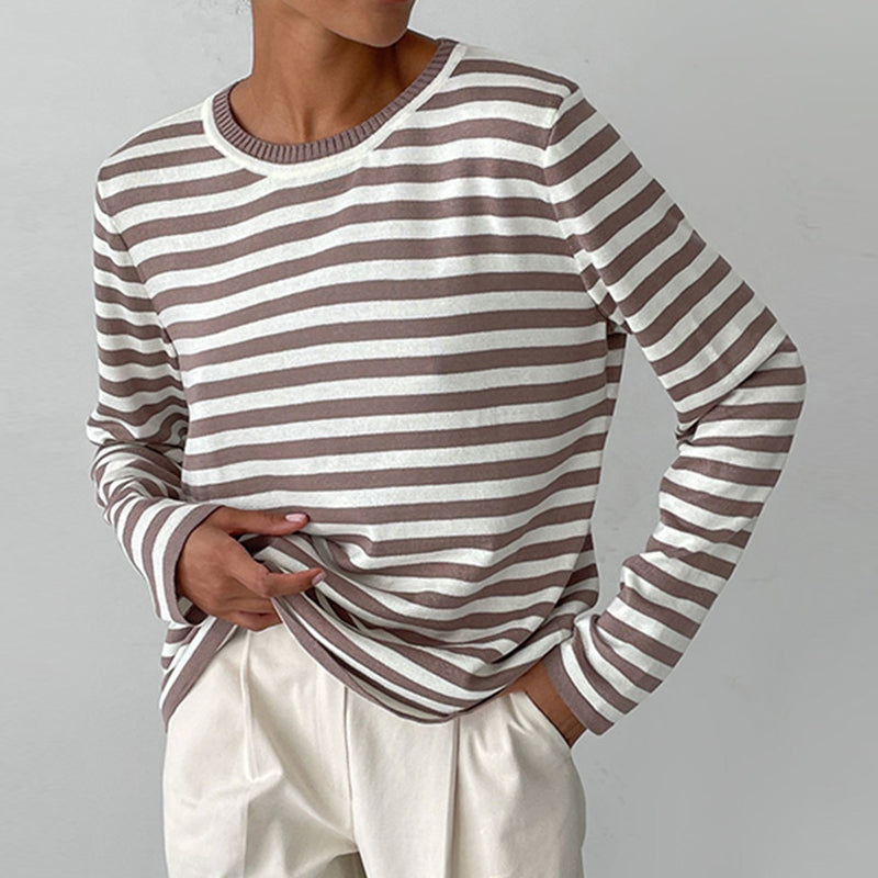 Sophie Striped Sweater with Crew Neckline for Women - Caramel Brown