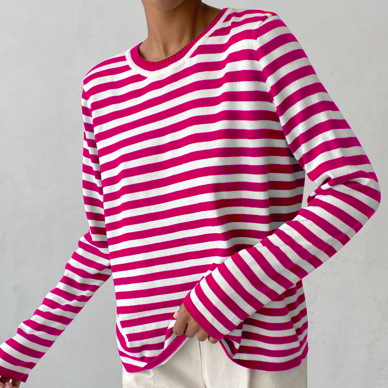 Sophie Striped Sweater with Crew Neckline for Women - Coral Pink