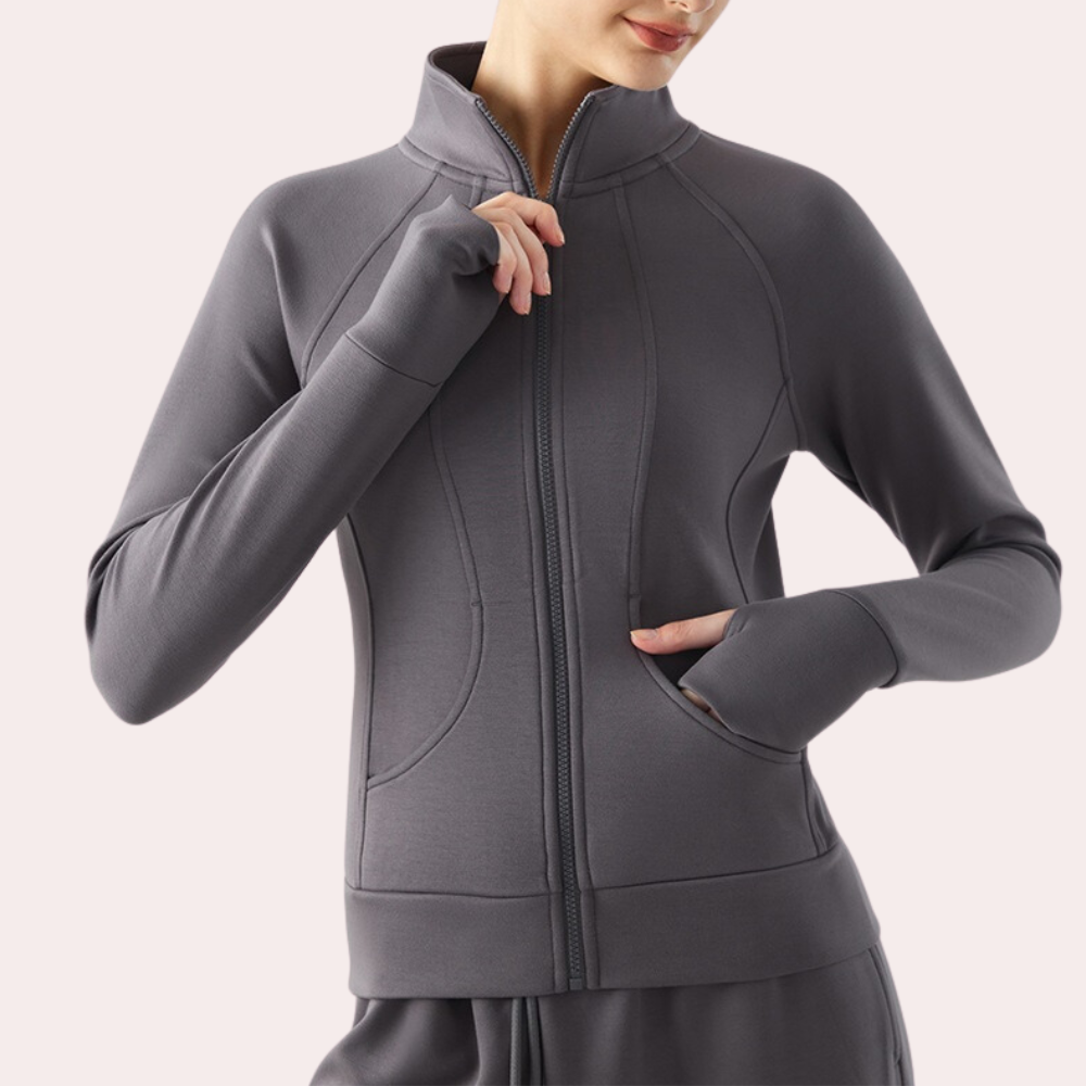 Soraya Fitted Zip-Front Jacket with Mock Neck - Gray
