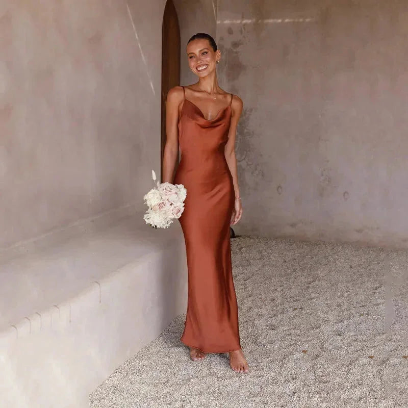 Sylvie Satin Maxi Dress with Draped Neckline and Slim Straps - Brown