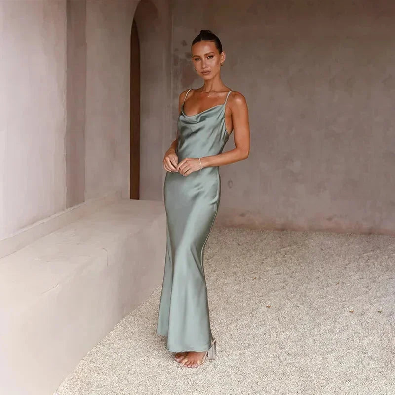 Sylvie Satin Maxi Dress with Draped Neckline and Slim Straps - Light Green