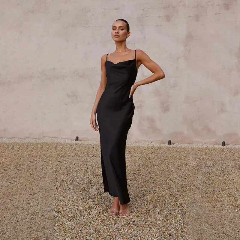 Sylvie Satin Maxi Dress with Draped Neckline and Slim Straps - Black