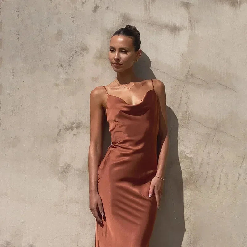 Sylvie Satin Maxi Dress with Draped Neckline and Slim Straps