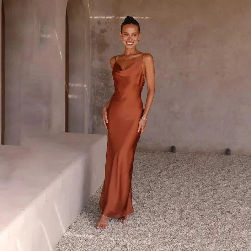 Sylvie Satin Maxi Dress with Draped Neckline and Slim Straps