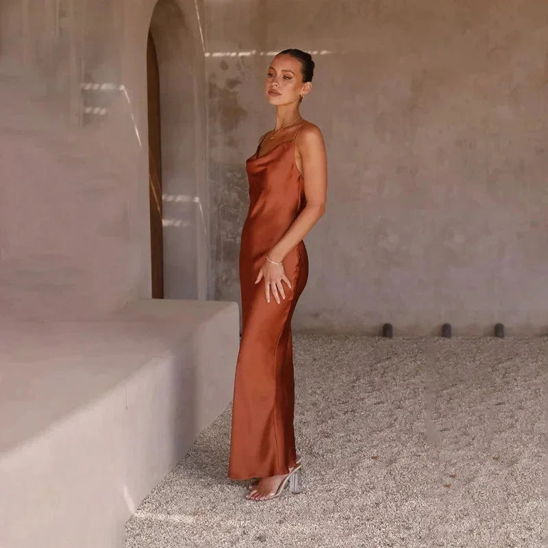 Sylvie Satin Maxi Dress with Draped Neckline and Slim Straps