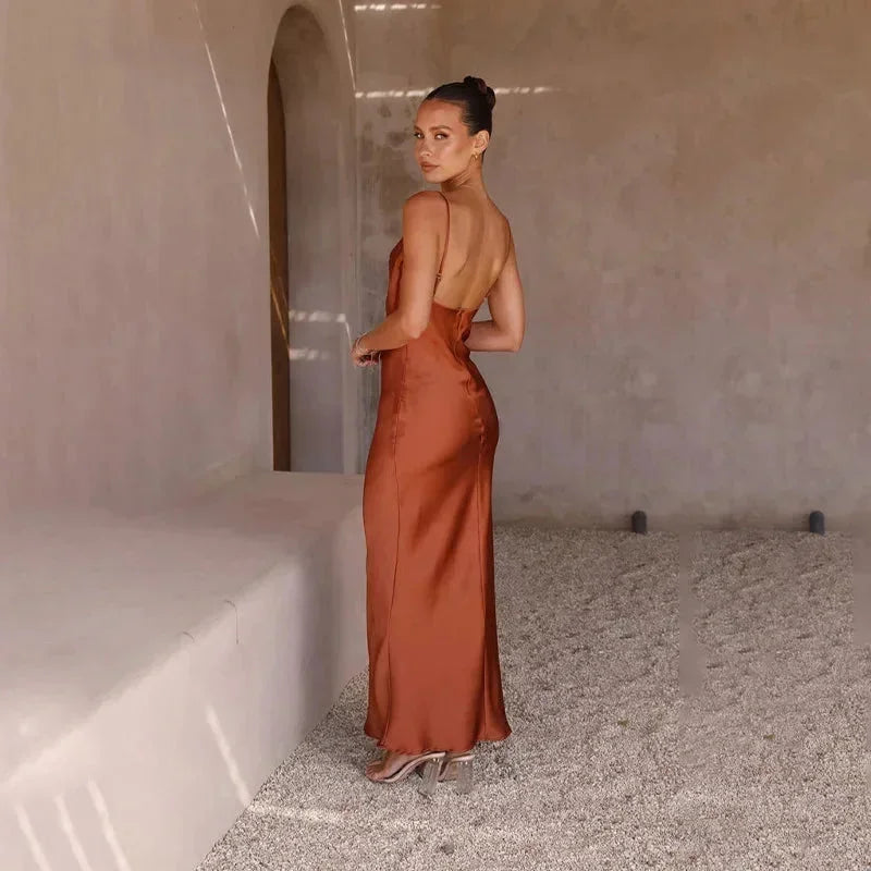 Sylvie Satin Maxi Dress with Draped Neckline and Slim Straps